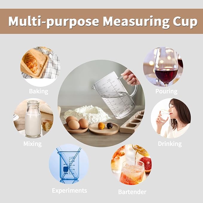 Newness Glass Measuring Cup with Handle, 500 ML (0.5 Liter, 2 Cup) Measuring Cup with Three Scales (OZ, Cup, ML/CC) and V-Shaped Spout, Measuring Beaker for Kitchen or Restaurant, Easy to Read