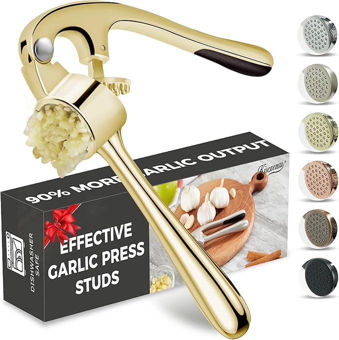 Kitessensu High Effective Garlic Press With Studs, Heavy Duty Garlic Mincer, Easy to Squeeze and Clean, Rust Proof & Dishwasher Safe, Ginger Crusher - Golden