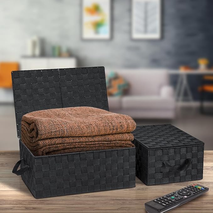 Sorbus Set of 3 Hand-Woven Storage Baskets with Lids – Mesh Design Organizers for Closet, Shelves, and Home Storage (Black)