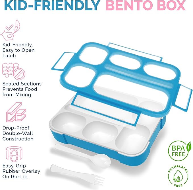 6 Compartment Lunch Boxes. Bento Box Lunchbox Containers for Kids, Boys Girls Adult. BPA-Free Microwave Safe School Bentobox Meal Planning Portion Container. Leakproof. Set of 2 Blue & Pink Kits