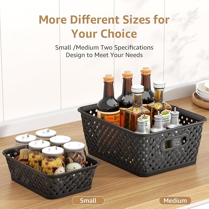 MaxGear Organization and Storage 3 Packs, Plastic Bins Organizer Bins, Woven Baskets for Storage, Plastic Baskets with Handles, Black Basket for Organizing, Basket Organizer for Home and Office, Small