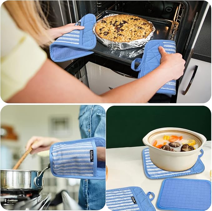 Silicone Pot Holders Set of 3 Heat Resistant & Non Slip Potholders, Professional Oven Hot Pads with Pockets Mitts for Kitchen Cooking Baking Barbecue (3, Blue)