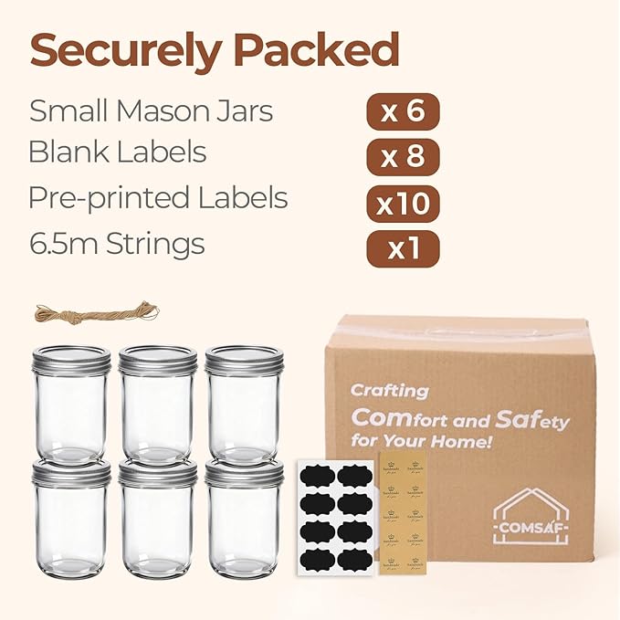 ComSaf Small Mason Jars 8 oz - 6 Pack, Regular Mouth Mason Jar with Lids and Seal Bands, Small Glass Canning Jar for Spice, Jam, Honey, Jelly, Dessert, Shower Wedding Favors, DIY Candles Decor
