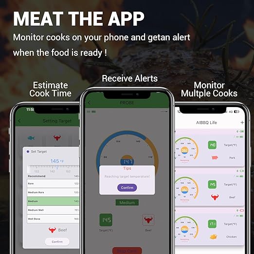 Wireless Meat Thermometer Digital, Long Range Bluetooth 5.2 with App Control, Compatible with iOS & Android, IP68 Waterproof, Fast Charging & Magnetic Smart Food Thermometer for Oven Grill BBQ Smoker