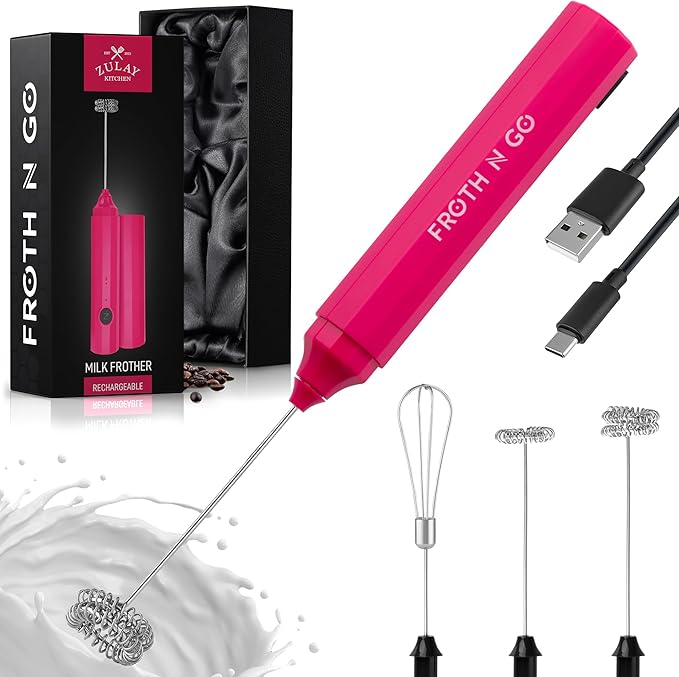 Zulay Froth N Go Milk Frother – Rechargeable 3-in-1 Handheld Frother Wand with Travel Case & USB-C Charger – Single, Double & Egg Whisk for Latte, Cappuccino, Matcha, Protein Shakes – Dragonfruit