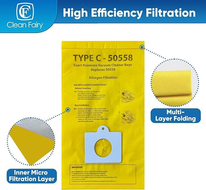 CF Clean Fairy 20Pack Replacement Micro Filtration Vacuum Bags Compatible With Kenmore C&Q 5055, 50557, 50558 Canister Vacuums