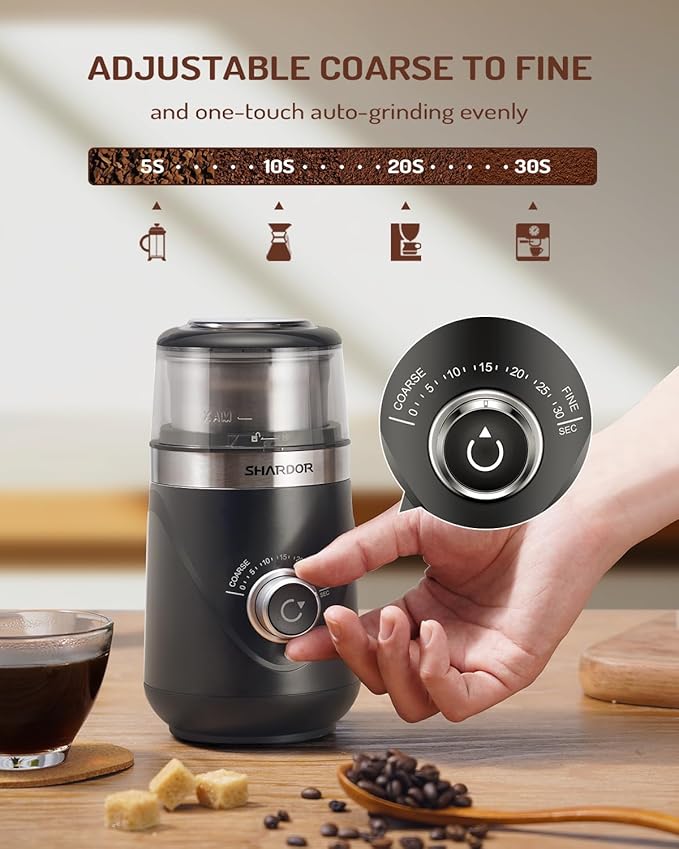 SHARDOR Adjustable Coffee Bean Grinder Electric, Herb/Spice, Espresso Grinder with 1 Removable Stainless Steel Bowl, Matte Black
