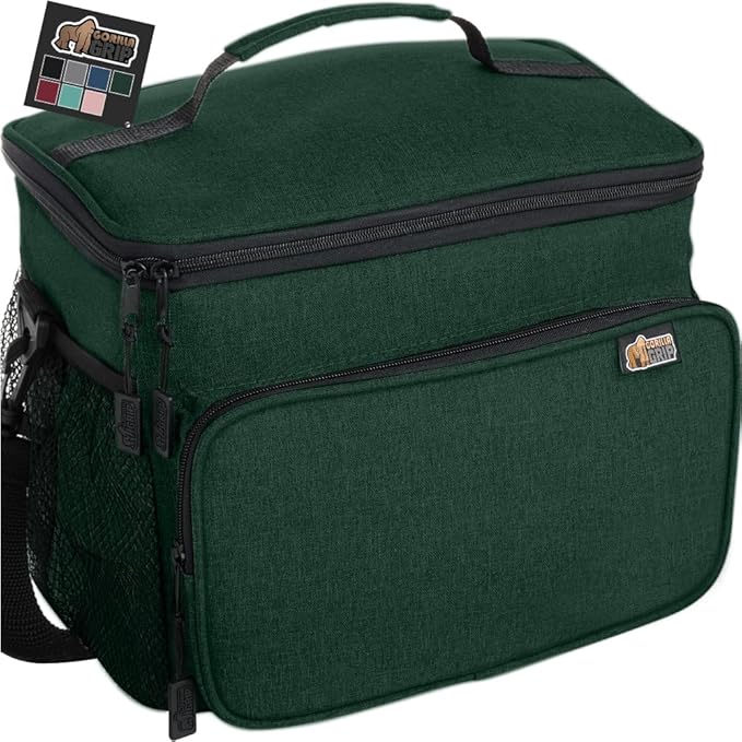 GORILLA GRIP Reusable Insulated Lunch Box Bag for Women Men, 15L, Leakproof Soft Cooler Bags, Multiple Compartments, Mesh Pockets and Adjustable Strap, Food Tote Keeps Drinks Cold, 13x9, Hunter Green
