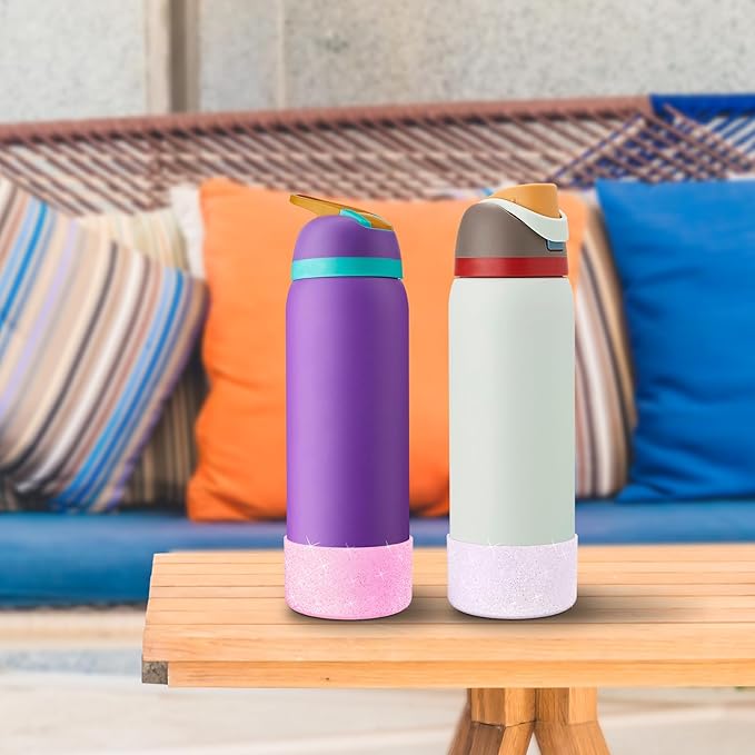 2PCS Silicone Water Bottle Boot for Owala 32oz, Protective Bottom Bumper Anti-Slip Sleeve for FreeSip, Twist, and Flip Stainless Steel Bottles, Dishwasher Safe and BPA Free(Shiny Purple Pink)