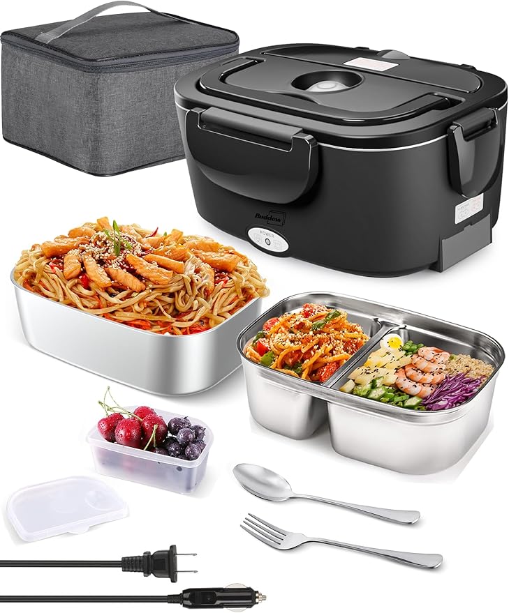 Buddew Electric Lunch Box for Adults, 80W Heated Lunch Box with Dual 1.5L Stainless Steel Portable Food Warmer,12/24/110V Lonchera Electrica Portatil for Travel&Work, Loncheras para Hombres de Trabajo