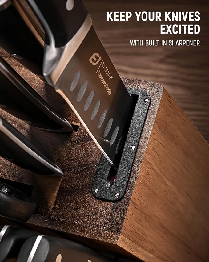 Knife Set, Emojoy 17-Piece Kitchen Knife Set with Heavy-Duty Acacia Block, Premium Titanium Stainless Steel Knife Block Set with Built-in Sharpener, Rust Proof