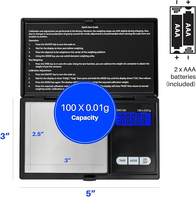 Smart Weigh Digital Pocket Gram Scale,100g x 0.01g Digital Gram Scale, Jewelry Scale, Food Scale, Kitchen Scale Black, Battery Included