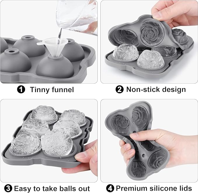 Ice Cube Tray, Mikiwon 2 inch Rose Ice Cube Trays With Covers, 6 Cavity Silicone Rose Ice Ball Maker, Easy Release Large Ice Cube Form for Chilled Cocktails, Whiskey, Bourbon & Homemade Juice