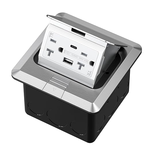 KYHSHJ USB Pop Up Floor Socket Kit with 2 * 20A Receptacle，4.8A 1 USB-A Ports &1 USB-C Port，Corrosive Resistant Hardware,Silver