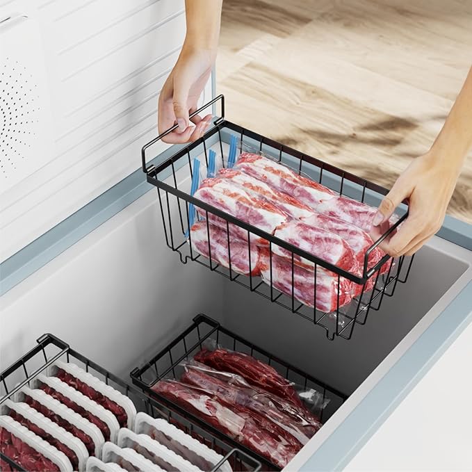 iSPECLE Freezer Organizer Bins - 4 Pack Small Stackable Deep, Bins for 7 Cu.Ft, Easy Get Bottom Foods without Digging, Chest Freezer Organizer Prevent Frozen Food Waste, Black