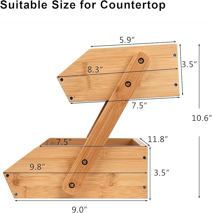 2 Tier Fruit Basket For Kitchen- Bamboo Fruit and Vegetable Storage Bowl Stand For Kitchen Countertop, , Produce Basket Fruit Holder for Potato, Onion, Bread, Snack Storage