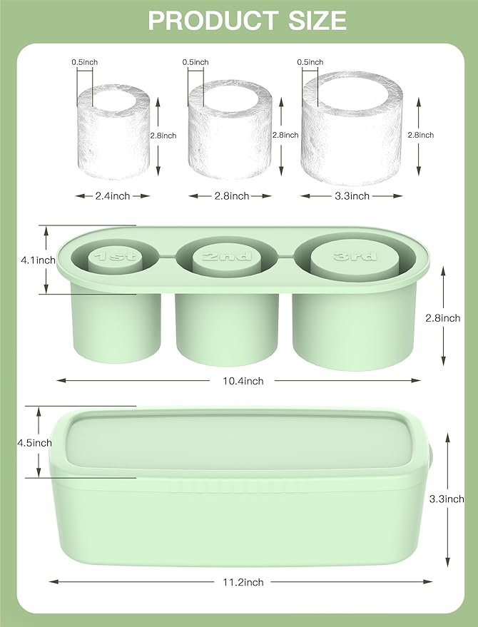 Ice Cube Tray for Tumbler Cup 30Oz-40Oz, 3 Pcs Silicone Cylinder Ice Mold with Lid and Bin for Freezer, Easy Fill and Release Ice Maker for Whiskey, Cocktail BPA-Free