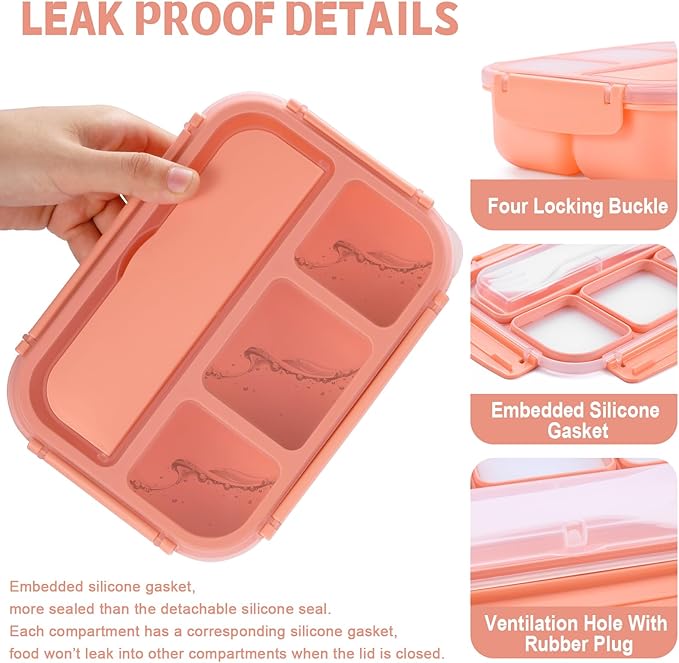 Bento Box Adult Lunch Box, Lunch Containers for Kids Girls Boys with 4 Compartments, Lunchable Food Container with Utensils, Sauce Jar, Muffin Liners, 40 Oz/5 Cup, Microwave & Dishwasher Safe, Pink