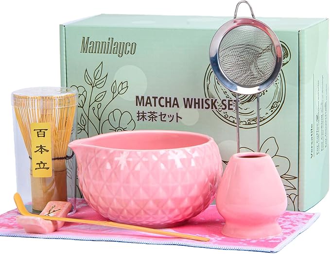 Matcha Whisk Bowl Set, 7PCS All-in-One Japanese Tea Set Includes Matcha Bowl with Spout, Bamboo Whisk (Chasen) with Stand, Scoop, Sifter, Complete Kit for Ceremony, Gift for Matcha Tea Lovers（Pink)