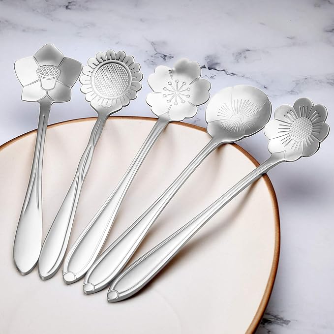 Chengu 8 Pieces Flower Coffee Tea Spoons Stainless Steel Sugar Spoons Tea Party Flower Fancy Tableware Set Stir Bar Creative Stirring Teaspoon, 8 Different Patterns(Silver)