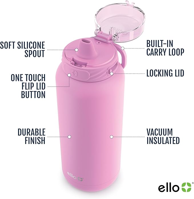 Ello Cooper 40oz Stainless Steel Water Bottle with Straw and Carry Handle, Double Walled and Vacuum Insulated Metal, Leak Proof Locking Lid with Soft Silicone Spout, Reusable, BPA Free, Bubblegum