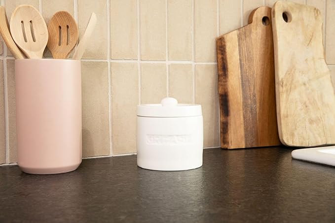 Ceramic Grease Container Keeper with Metal Stainless Steel Strainer and Lip for Easy Pour (Ivory)