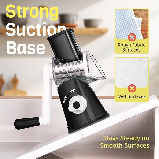 Rotary Cheese Grater Hand Crank, 3 Blades Slicer Shredder, Cheese Grater for Kitchen, Multi-Functional Kitchen Tool for Vegetables, Nuts, Chocolate, with Strong Suction Base, Black