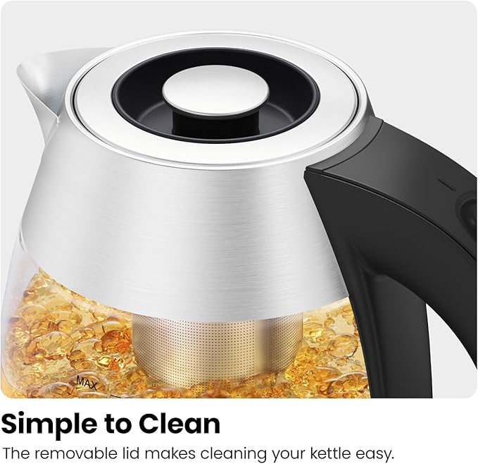 Chefman Electric Kettle for Boiling Water, 1.8L 1500W, Removable Tea Infuser, Auto Shut Off, Boil-Dry Protection, BPA Free, Borosilicate Glass, Hot Water Boiler, Electric Tea Kettle - Stainless Steel