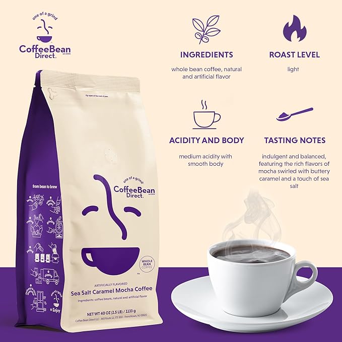 Coffee Bean Direct Sea Salt Caramel Mocha Flavored, Whole Bean Coffee, 2.5 Pound Bag (Pack of 1)