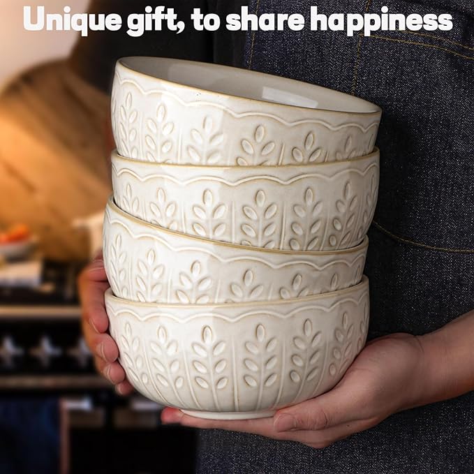 Artena Soup Bowls 32 OZ, Cereal Bowls Set of 4, White Embossment Ceramic Ramen Bowls for Dinner, Salad, Pho, Noodle, Pasta, Snacks, Dishwasher Microwave Safe, 6.3 Inch, Wheat Leaf