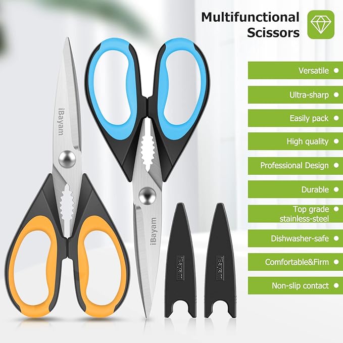 Kitchen Scissors, iBayam 2-Pack Multipurpose Kitchen Shears, 8.5 Inch Heavy Duty Dishwasher Safe Food Cutting, Stainless Steel Sharp Cooking Scissors for Kitchen, Chicken, Poultry, Fish, Meat, Herbs