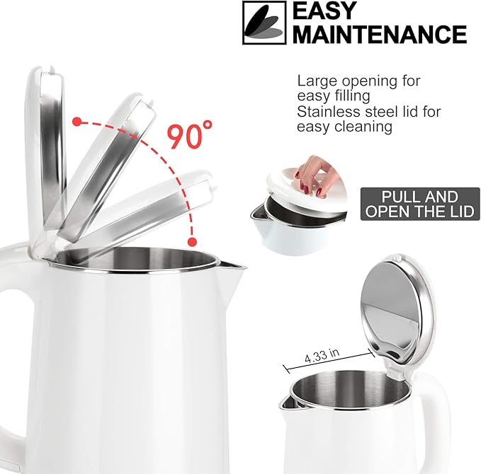 Secura Stainless Steel Double Wall Electric Kettle Water Heater for Tea Coffee w/Auto Shut-Off and Boil-Dry Protection, 1.0L (White) SWK-1001DW/HB-K012