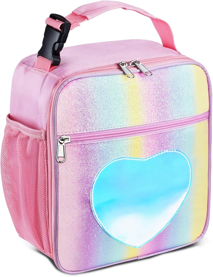 Insulated Lunch Bag, Leakproof Portable Lunch Box for Women Men Boys Girls, Large Capacity Cooler Bag for Office School Camping Hiking Outdoor Beach Picnic (Rainbow Pink)