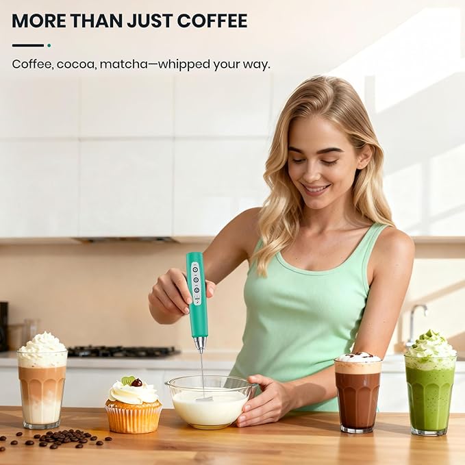 Milk Frother Handheld Rechargeable with Stand, Frother Wand Drink Mixer Electric Whisk for Coffee, Detachable With 3 Stainless Whisks, Hand Mixer for Lattes, Cappuccino, Matcha, Egg, Green