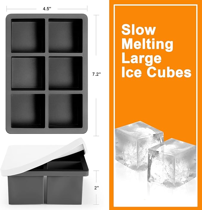 Nax Caki Large Ice Cube Molds Tray with Lid, Stackable Big Silicone Square Ice Cube Mold for Whiskey Cocktails Bourbon Soups Frozen Treats, Whiskey Gifts for Men from Daughter Wife Son Kids