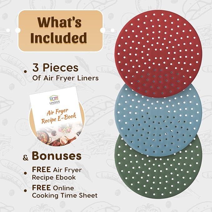 Reusable Round Silicone Air Fryer Liners (9 Inch, 3 Pack) by Linda’s Essentials - Non-Stick, Easy-Clean Accessories with Cheat Sheet & Recipe Book, Perfect for Quick Meals