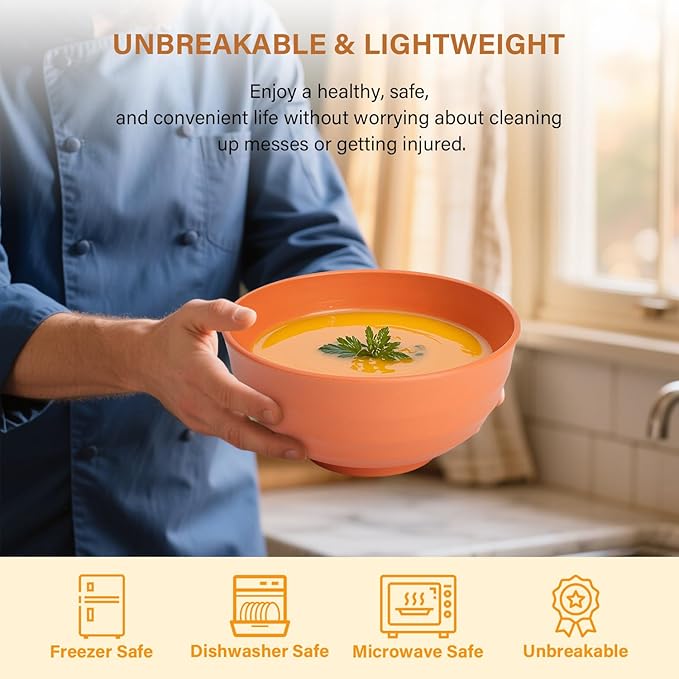 Homienly Large Bowl Set of 6, 60 oz Unbreakable Wheat Straw Bowls, Microwave Safe & Reusable for Salad, Cereal, Soup, Ideal for Camping, Picnic, Family Dining (Multi)