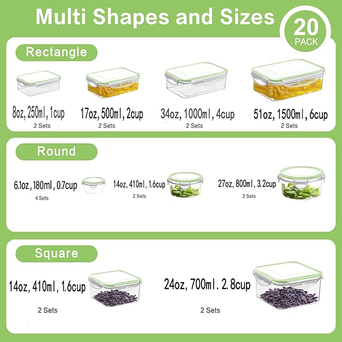 HOMBERKING 40 Pieces Food Storage Containers Set with Snap Lids (20 Lids + 20 Containers), Meal Prep Airtight Plastic Containers, BPA-Free Lunch Box for Kitchen, Pantry, Home, Green