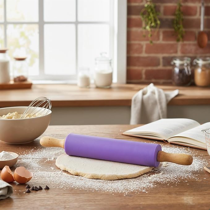 Koogel Rolling Pin for Baking, 12 Inch Non-Stick Silicone Surface, Wooden Handle Rolling Pin for Baking Pies, Pastry, Cookies, Kitchen Essential