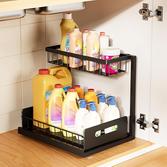 Under Sink Organizer,Metal Pull Out Cabinet Organizer Shelf,Kitchen Bathroom Organizers with Sliding Drawer,Storage Shelves,Storage and organization for Home,Laundry,RV,Pantry,Spice,Black,1 Pack