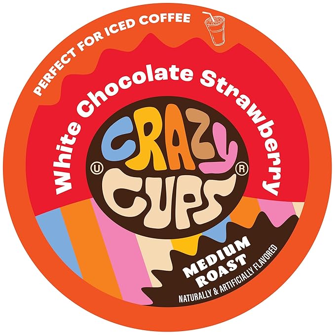 Crazy Cups Flavored Single Serve Hot or Iced Medium Roast Coffee for Keurig KCups Machines in Recyclable Pods, White Chocolate Strawberry(Pack of 1, 22 Count Total)