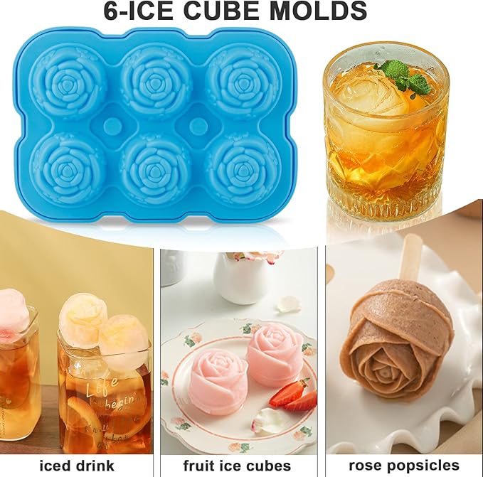 Ice Cube Tray, Mikiwon 2 inch Rose Ice Cube Trays With Covers, 6 Cavity Silicone Rose Ice Ball Maker, Easy Release Large Ice Cube Form for Chilled Cocktails, Whiskey, Bourbon & Homemade Juice (Blue)