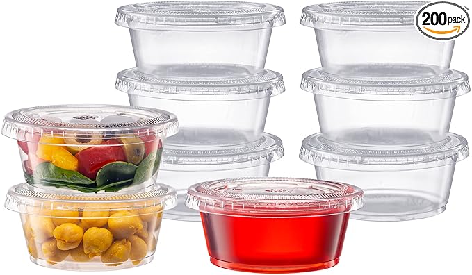 Pantry Value [3.25 oz. - 200 Count Clear Disposable Plastic Portion Cups with Lids - Small Plastic Condiment Containers for Sauce, Salad Dressings & Portion Control