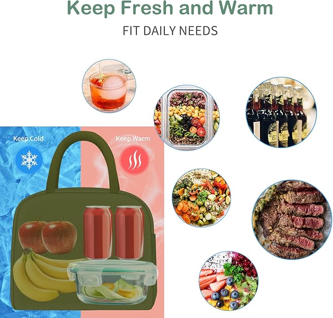 DALINDA Lunch Bag Lunch Box for Women Men Reusable Insulated Lunch Tote Bag High Capacity for Travel Work Picnic,army green