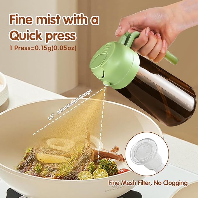 YARRAMATE 16oz/470ml Light Blocking Oil Sprayer for Cooking with Stickers, Food-Grade 2 in 1 Olive Oil Dispenser Bottle for Kitchen, Premium Dark Amber Glass Oil Bottle for Air Fryer, BBQ(Green)