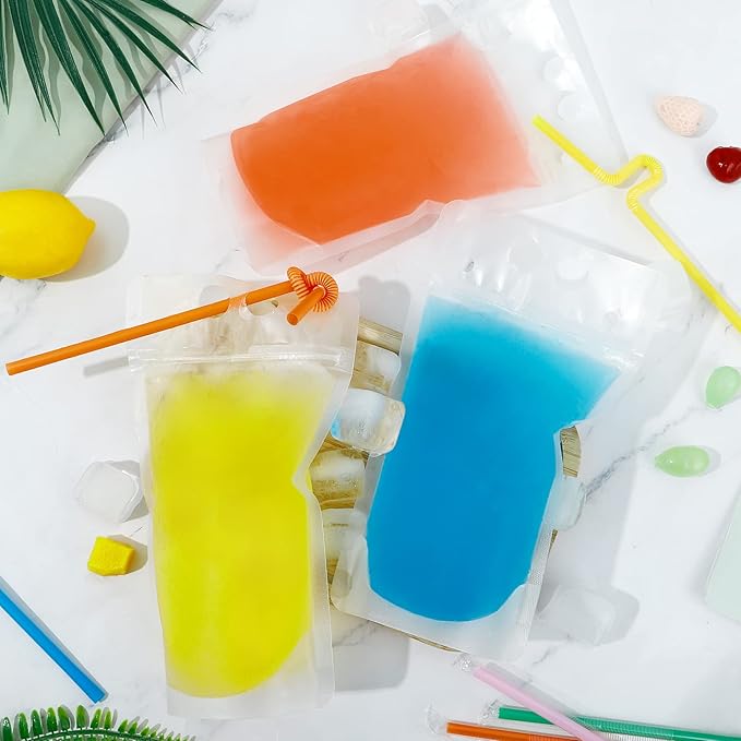 50 Pcs Drink Pouches, Juice Pouches for Adults, Reusable, Reclosable Zipper Smoothie Bags for Cold & Hot Drinks with 50 Straws & Silicone Funnel