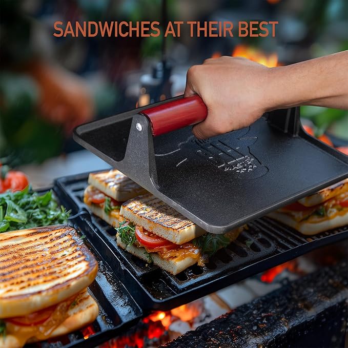 The Beef Master Cast Iron Grill Press - XL Burger Press, Pre-Seasoned Griddle Press, Heavy Duty Meat Press for Bacon, Burgers, and Steak with Cool Touch Handle - 10”x10”x4”