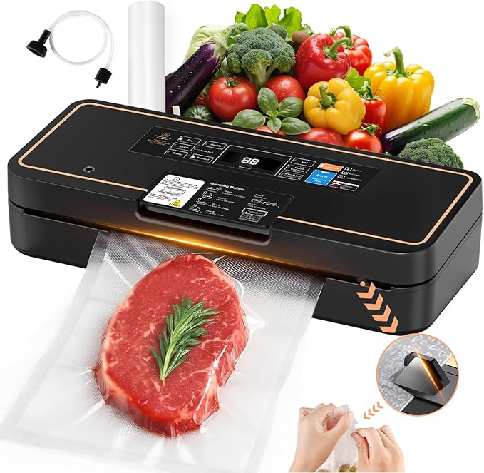 Vacuum Sealer for Food, 95kPa Food Vacuum Saver Sealer Machine, 120W 12L/min Fast-Sealing with Auto Tear-Cut,Digital Timer, Built-in Cutter, Bag Storage and One Bag Roll, 9-in-1 Compact Vacuum Sealer