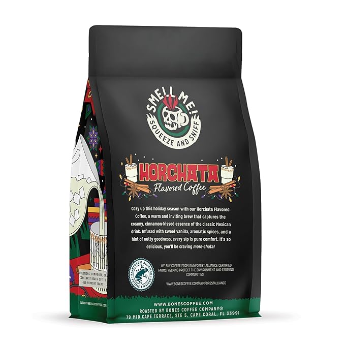 Bones Coffee Company Horchata Flavored Coffee, Medium Roast Low Acid Arabica Beans Compatible with Auto drip and French Press Coffee Maker, 12 Oz Ground