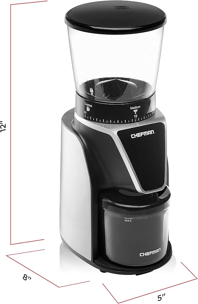 Chefman Conical Burr Coffee Grinder, Create The Boldest & Most Flavorful Grind With 31 Settings From Coarse To Extra Fine, One-Touch Digital Control & 9.7-oz Bean Capacity, Black